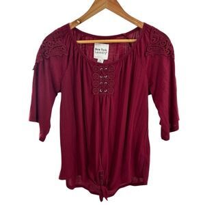 New York Laundry Womens Top‎ Small Burgundy 3/4 Sleeve Lace Up Tie Knot